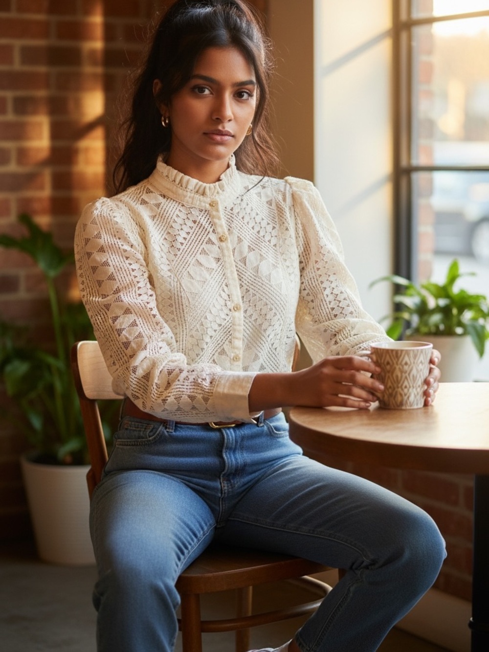 Meadow Rue Anthropologie white lace Victorian ruffle front button blouse sz 2